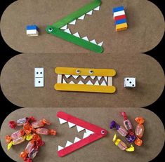 two pictures showing different types of toys made out of paper and plasticine, one with teeth