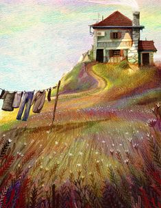 a drawing of clothes hanging out to dry in front of a house on a hill