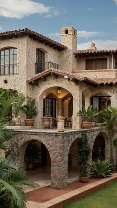 a large stone house with potted plants in the front yard and patio area on either side