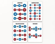 four cards with different symbols on them in red, white and blue colors that say addition, subtraction, division