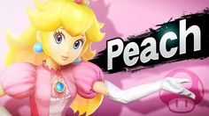 a woman with blonde hair and blue eyes is standing in front of a pink background that says peach