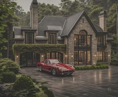 a red sports car parked in front of a large house with ivy covered walls and windows