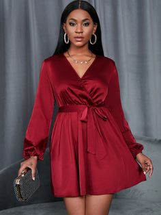 Burgundy Elegant  Long Sleeve Satin Plain A Line Embellished Non-Stretch Spring/Summer Women Dresses Short Dinner Gowns Classy For Plus Size, Satin Party Dress Long Sleeve, Satin Gown Designs With Sleeves, Classy Short Dresses Party Long Sleeve, Evening Short Dresses Elegant, Simple Dinner Dress Evening Short, Dinner Dresses Classy Elegant Long Plus Size, Chic Satin Dress, Short Gown Dress Party Wear