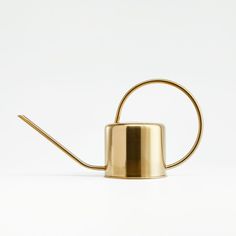 a gold watering can with a long metal tube attached to the end, on a white background