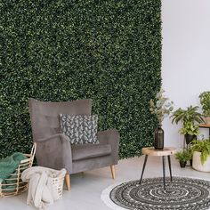 a living room filled with furniture and greenery behind a wall covered in green leaves