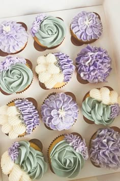 Lavender and sage green wedding cupcake design ideas with buttercream frosting Lavender And Seafoam Wedding, Wedding Cake Ideas Lavender, Lavender Wedding Cake With Cupcakes, Pale Purple And Green Wedding, Lavender And Sage Decor, Green And Light Purple Wedding, Lilac And Green Wedding Cake, Lavender Mint Green Wedding, Lavender And Succulent Wedding