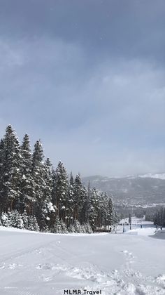 a snow covered ski slope with trees in the background