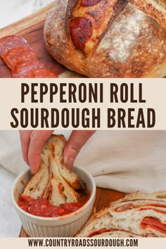 pepperoni roll sourdough bread in a white bowl and on a cutting board