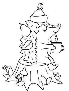 a black and white drawing of a hedge holding a cup