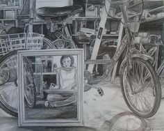 a black and white drawing of a person sitting in front of a bike with pictures on it