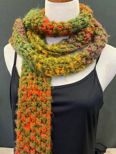 Swaggy Clothes, Funky Scarf, Crocheted Scarfs, Funky Scarves, Cowl Neck Scarf, Colorful Scarves, Heartbreak High, Green Yarn, Oc Clothes