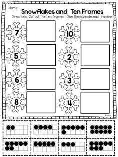 a snowflakes and ten frames worksheet with numbers to 10 on it