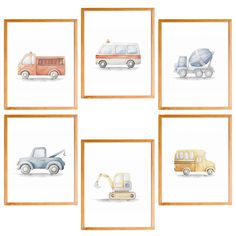 four framed pictures with different vehicles in them