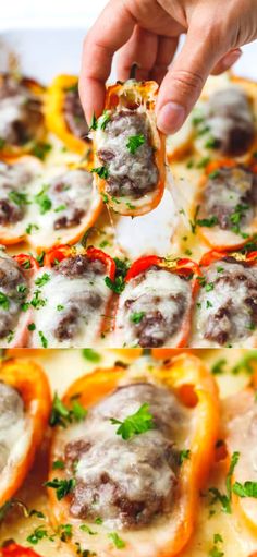 a person is dipping some food into a casserole dish with cheese and meatballs