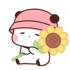 a cartoon character holding a sunflower in his hand and wearing a pink hat with the word love written on it