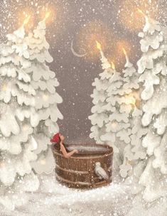 a painting of a woman sitting in a hot tub surrounded by snow covered trees and lights