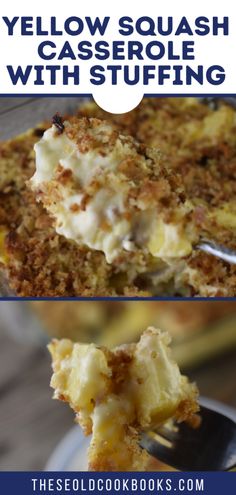 yellow squash casserole with stuffing on a spoon