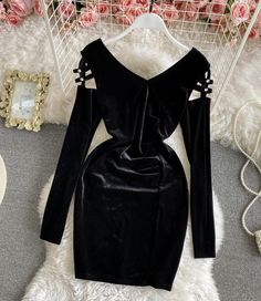 Black Velvet Long Sleeve Winter Dress, Elegant Long Sleeve Velvet Dress For Night Out, Fitted Black Velvet V-neck Dress, Black Velvet Dress For Date Night, Velvet Long Sleeve Dress For Fall Night Out, Long Sleeve Velvet Dress For Night Out In Fall, Elegant Long Sleeve Velvet Dress For Date Night, Chic Velvet Dress For Winter Date Night, Fall Velvet Long Sleeve Dress For Night Out