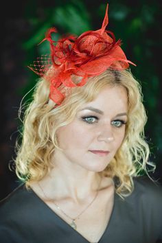 This fascinator hat is made from red hand-rolled sinamay straw material and embellished with feathers. Fits on the headband that can be made in color suited your hair.  This headpiece is relatively small but very stylish and perfect hair accessory to wear as the mother of the bride or mother of the groom, or bridesmaids hat or even become bridal headpiece for the bride who chosen not to wear a white dress.  It is also a perfect hat for races to wear at Royal Ascot, Melbourne Cup or Kentucky Derby racing festival.  This headpiece is in red color but can be fully customized and made in any other. Please note that all our headpieces are handmade including a hat blocking where applicable. Bridesmaid Fascinator, Red Fascinator, Bride Headpiece, Melbourne Cup, Wedding Fascinators, Fascinator Hat, Mother Of Bride, Black Headband, Royal Ascot