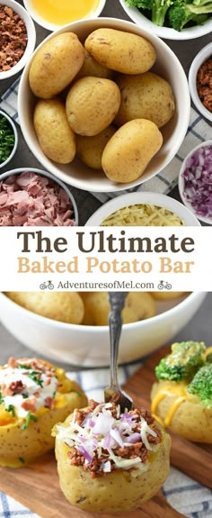 the ultimate baked potato bar is ready to be eaten and served in bowls with broccoli