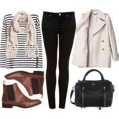 black and white striped shirt, black skinny jeans, trench coat, black bag, brown leather Chelsea ankle boots, cream scarf Chelsea Boots Outfit, Urban Jeans, Trench Coat Outfit, Boating Outfit, Coat Outfit, Nice Outfits, Mode Casual, Outfit Jeans, Rock Chic