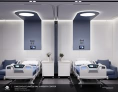 two beds in a hospital room with blue and white decor on the walls behind them