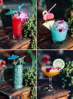 four different shots of cocktails with flowers and umbrellas on the top one is blue