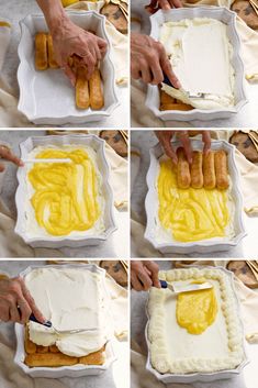 four pictures showing how to make a cake with icing and pretzels on it