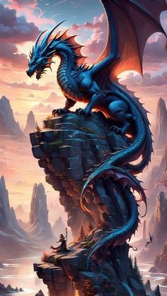 a blue dragon sitting on top of a cliff