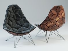 two modern chairs made out of wood and metal, one with geometric shapes on the back