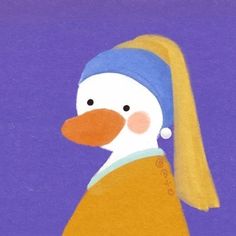 a painting of a duck wearing a blue and yellow hat with a pearl earring