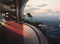 a painting of the inside of a house overlooking the ocean at sunset or sunrise time