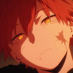 an anime character with red hair and yellow eyes looking at something in front of him