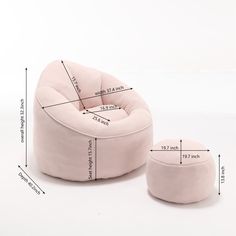 a pink chair and ottoman with measurements for the seat cushion on each side, sitting next to each other