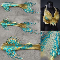 two pictures of gold and blue fish with long tails, one in the shape of a dragon