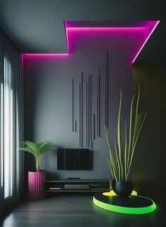 a living room filled with furniture and a neon colored light on the wall above it