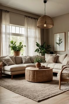 a living room filled with lots of furniture and plants on top of a wooden table