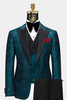 Black-and-Dark-Teal-Tuxedo-prom-Wedding-Groom-Suit-from-Gentlemansguru.com Teal Prom Suits For Men, Teal Tuxedo For Men, Dark Teal Tuxedo Wedding, Dark Teal Wedding Suit, Dark Teal Tuxedo, Jewel Tone Wedding Suit, Teal Tuxedo Wedding, Peacock Tuxedo, Teal Suits For Men