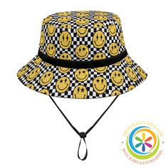 Happy Face Bucket Hat-ShopImaginable.com Fun Summer Streetwear Hats, Retro Yellow Bucket Hat For Spring, Casual Smiley Face Hat With Curved Brim, Black Retro Bucket Hat For Summer, Fun Adjustable Hats For Streetwear, Adjustable Fun Hat For Streetwear, Fun Adjustable Streetwear Hats, Casual Black Bucket Hat For Festivals, Black Fun Bucket Hat For Summer