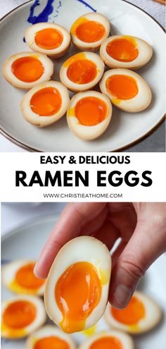 an egg is being boiled into small pieces with the words, easy and delicious ramen eggs