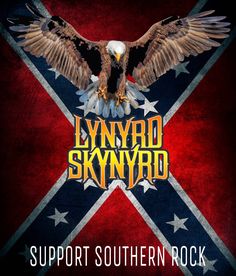 an eagle with the words lynn road skyward on it's chest and in front of a flag that reads, support southern rock