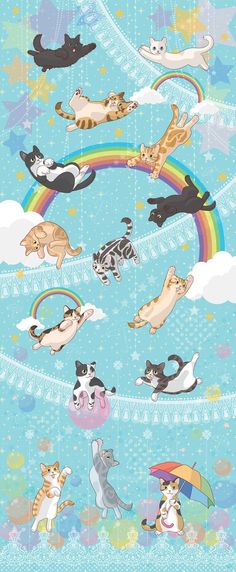 many cats are flying in the sky with rainbows and stars on blue grounding