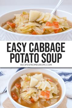 cabbage and potato soup in a white bowl on a wooden board with text overlay