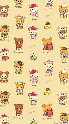 an image of many different cartoon bears on a yellow background with words that say hello kitty