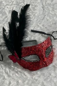 Custom Red Glitter & Black Feathers Masquerade Mask has a Solid Pre-formed base, is Embellished with Feathers, Rhinestone & Glitter, Perfect for Halloween and Masquerade Ball, and Dressy & Elegant Aesthetic Masquerade Mask Aesthetic Masquerade, Masked Ball Aesthetic, Halloween Mask Ideas, Black Mask Masquerade