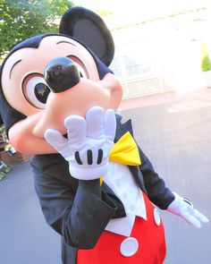 a person in mickey mouse costume holding onto a stuffed animal