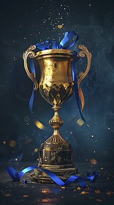 a golden trophy with blue ribbons around it on a black background and gold confetti