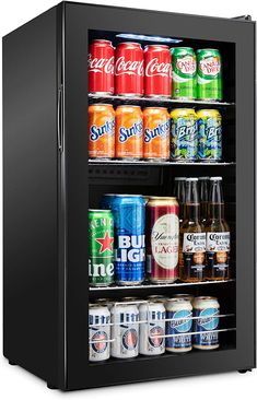 the mini fridge is filled with drinks and sodas