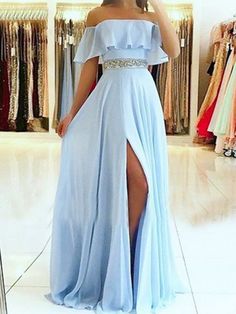 A-Line/Princess Sleeveless Off-the-Shoulder Floor-Length Beading Chiffon Dresses Sky Blue Prom Dress, Dress School, Off Shoulder Evening Dress, Cheap Prom Dresses Long, Blue Evening Dresses, Chiffon Evening Dresses, School Dance, Winter Formal, Cute Prom Dresses