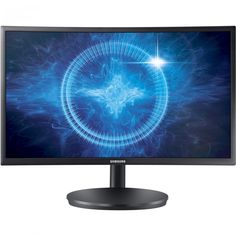 the samsung monitor is on display in front of a white background with blue swirls